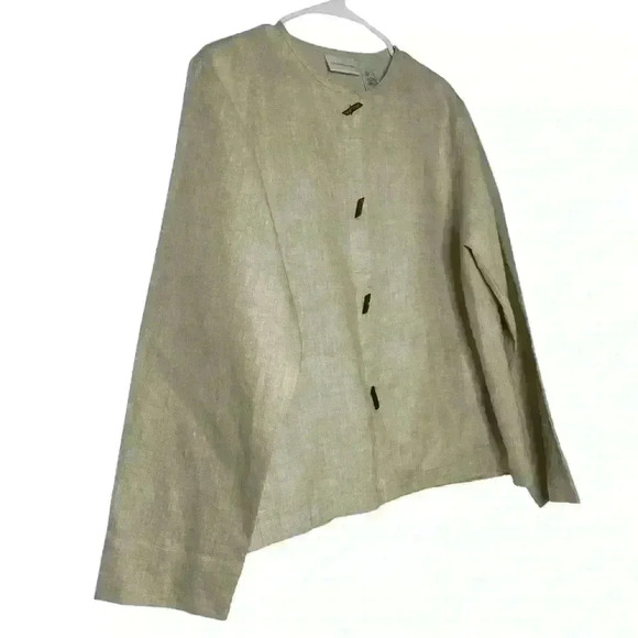 Liz Claiborne oatmeal 100% linen vintage long sleeve minimalist with pocket-SZ L - Picture 2 of 7